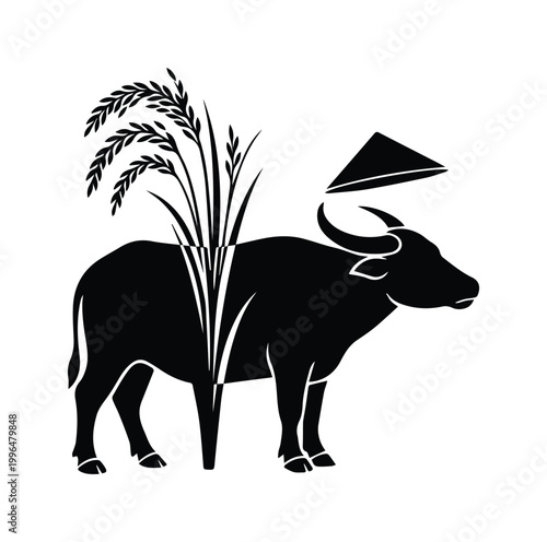 Asian water buffalo silhouette with rice stalks and conical hat, traditional agriculture vector icon, black and white farming logo design