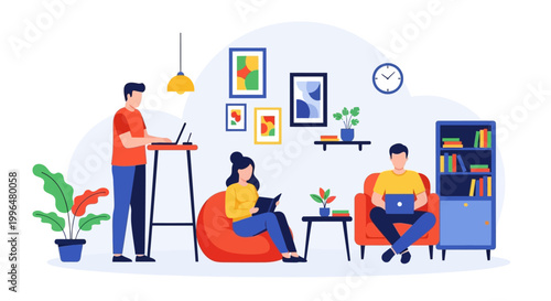 Diverse people working and relaxing in a modern co-working space.