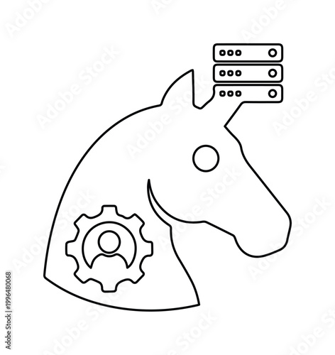 Unicorn startup business icon, black line art mythical horse with server horn and gear, technology innovation and digital transformation vector