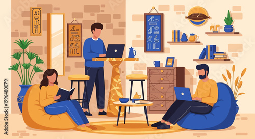 Diverse people working and relaxing in a modern co-working space.