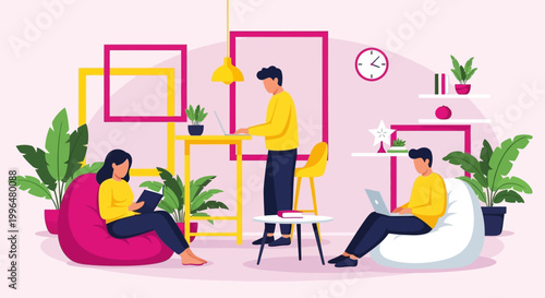 Diverse people working and relaxing in a modern coworking space.