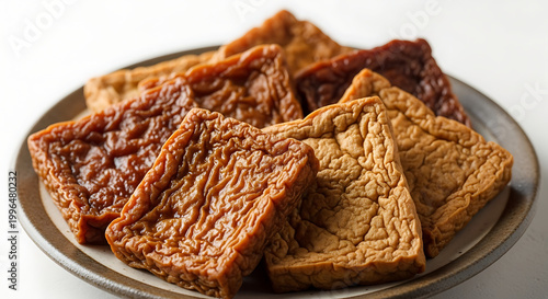Square pieces of crispy fried tofu arranged on a plate, various shades of brown and golden, appetizing texture, culinary food photography, healthy protein source