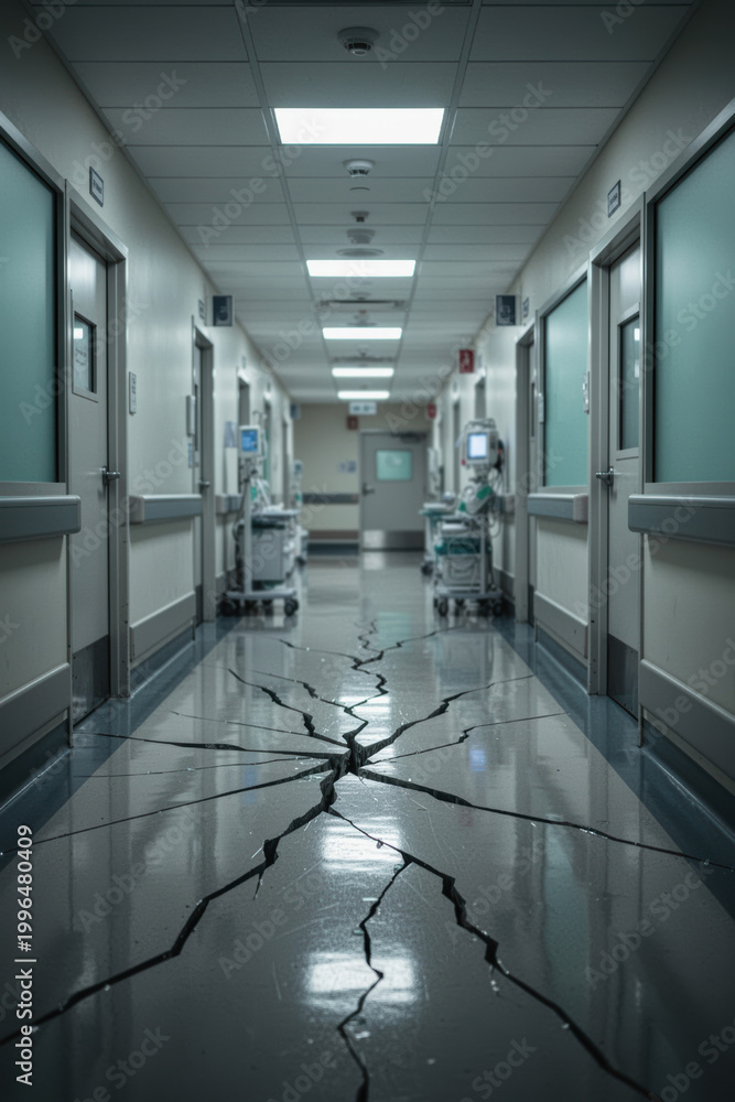 Obraz premium Hospital corridor with fractured reflective floor and moody late sunset lighting