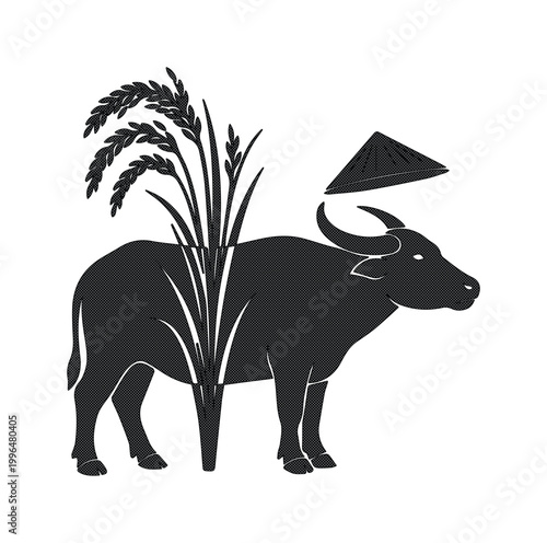 Minimalist water buffalo silhouette with rice stalks and conical hat, black and white asian farming vector, traditional agriculture logo icon