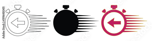 Fast stopwatch icons with motion lines, set of 3 speed timer vector symbols, quick delivery and countdown concept graphics in black and red