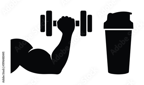 Fitness and bodybuilding vector icons, muscular arm lifting heavy dumbbell, protein shaker bottle silhouette for gym branding and workout supplements