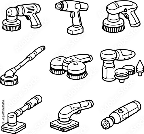 Set of detailed line art power tool icons including drills and sanders for DIY