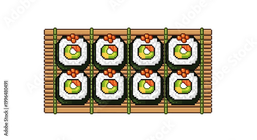 Eight Delicious Avocado Sushi Rolls on Bamboo Mat.
