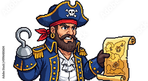 Fierce Pirate Captain Holding Treasure Map and Hook Hand.
