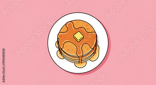Stack of pixel art pancakes with melting butter and syrup on a white plate, breakfast food, food illustration