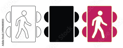 Minimalist pedestrian crossing icons, walking man silhouette signs in black and pink, flat vector set for urban wayfinding and traffic safety