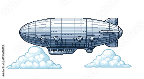 Detailed Pixel Art Blimp Floating Above Clouds.