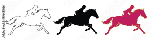 Equestrian show jumping silhouette set, horse and rider jumping vector icons, black and pink horse racing graphics for sports branding