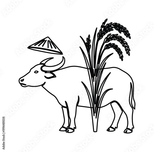 Vietnamese water buffalo line art vector, traditional rice stalks and conical hat illustration, minimalist agricultural farm animal icon
