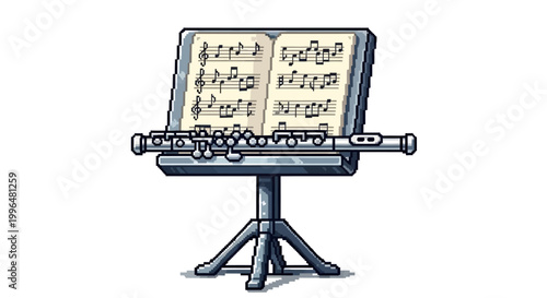 Flute resting on a music stand with sheet music.