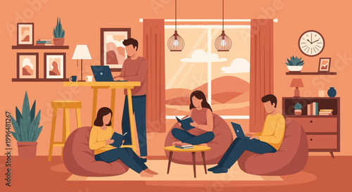 Four people relaxing and working in a cozy living room setting.