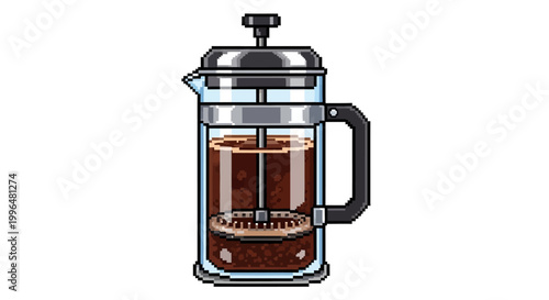 French Press Coffee Maker with Rich Dark Coffee Inside.