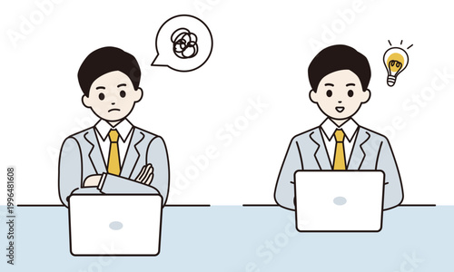 パソコンの前で悩むビジネスマンと、解決策をひらめいたビジネスマンの対比イラスト。問題解決、アイデア、ビジネスフラットベクター素材