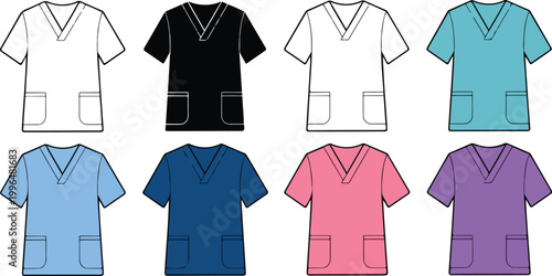 Medical Doctor and Nurse Shirt Clipart Set Outline Silhouette and Color Vector Illustration