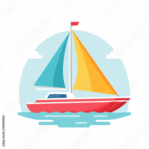 Flat illustration of a red sailboat with blue and yellow sails on the water