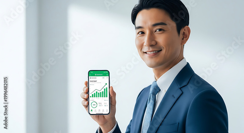 Smiling Asian businessman in a dark suit holds a smartphone displaying a financial growth chart, showcasing positive business performance and investment.