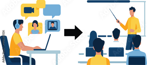 Transition from digital remote learning and online work to engaging in person classroom instruction and collaborative modern office environments concept illustration
