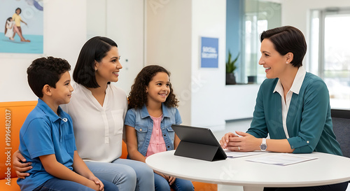 Smiling diverse family with two children meeting with a friendly female financial advisor discussing plans with a tablet