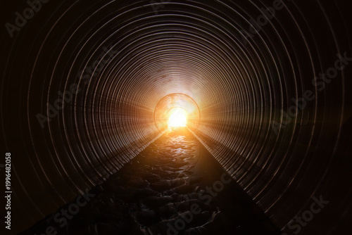 Inside new modern sewer system. Sewage and drainage in plastic round pipe