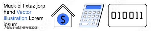 Financial analysis, real estate investment, digital economy, technology integration, data encoding, fintech. House with dollar sign, calculator binary code. Financial analysis and real estate