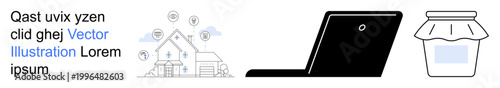 Home security, technology, remote work, food packaging, digital connectivity, smart devices. A house shielded by symbols, a laptop silhouette and a jar with a label. Home security and technology
