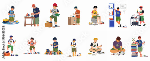 Tableau sur toile A collection of illustrations featuring boys of various ages engaged in STEM activities, electronics tinkering, and robotics projects on a white background