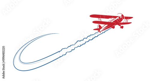 Vintage red biplane flying with blue smoke trail illustration