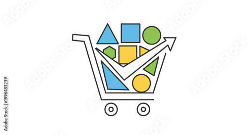 Shopping cart filled with geometric shapes representing business growth