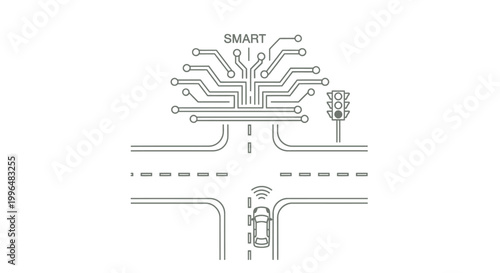 Smart city intersection illustration featuring autonomous vehicle and traffic control