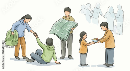 Volunteers Helping Needy People With Food and Blankets, Community Support Concept