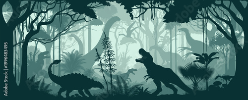 Seamless vector tropical forest with Ankylosaurus, Tyrannosaurus, Velociraptor , Utahraptor , Therizinosaurus, amargasaurus, Brachiosaurus,  patagotitan and pterodactyl