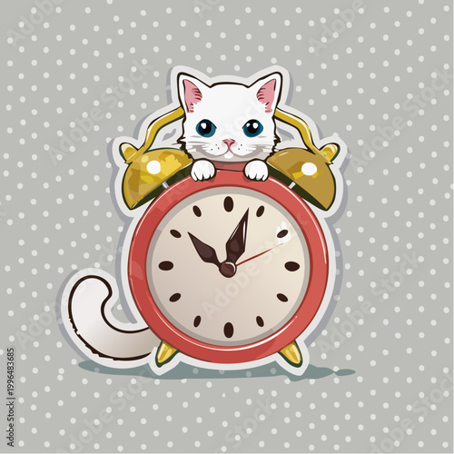 Cute white kitten peeking over a vintage alarm clock