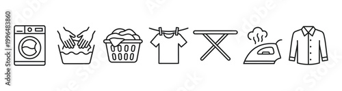 Comprehensive Set of Laundry Process Line Icons Representing Washing, Drying, and Ironing Tasks