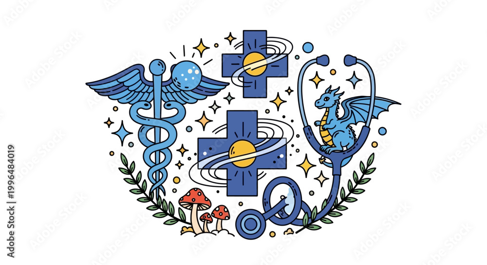 Fototapeta premium Medical illustration featuring caduceus stethoscope dragon and crosses