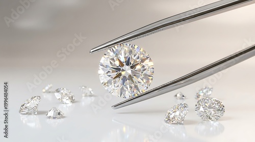 Round brilliant cut diamond held by tweezers surrounded by smaller diamonds