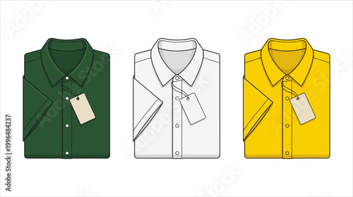 Three folded polo shirts in green, white, and yellow with price tags