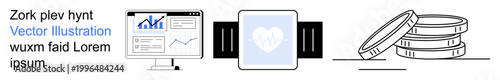 Business analytics, digital health, wearable technology, investment tracking, financial growth, data management. Computer with charts, smartwatch with heart icon coin stack. Business analytics