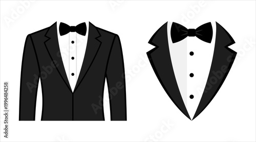 Formal Tuxedo and Bow Tie Icons, Classic Black and White Attire