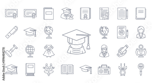 Set of hand-drawn educational icons featuring graduation cap books globe and classroom symbols.