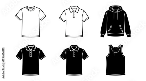 Set of blank t-shirts, polos, hoodies, and tank tops in black and white