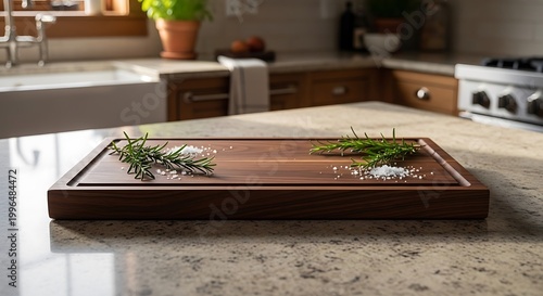 Elegant wooden cutting board on a pristine kitchen counter, adorned with fresh rosemary sprigs and sea salt, ready for culinary preparation in a cozy home setting with natural light