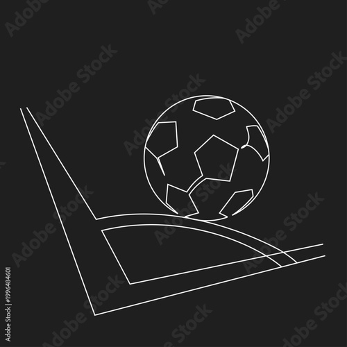 Minimalist Line Art Soccer Ball and Corner Kick Line on Black Background