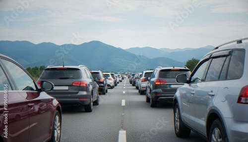 Fotografía A long line of cars stuck in a traffic jam on a highway with rolling blue mountains in the background under a clear sky