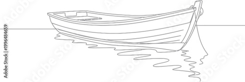 A small wooden boat floats peacefully on the water, with its reflection visible in the calm surface, creating a serene scene