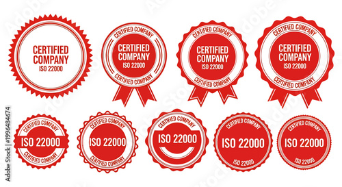 Set of red round certification badges and seals for ISO and quality standards.